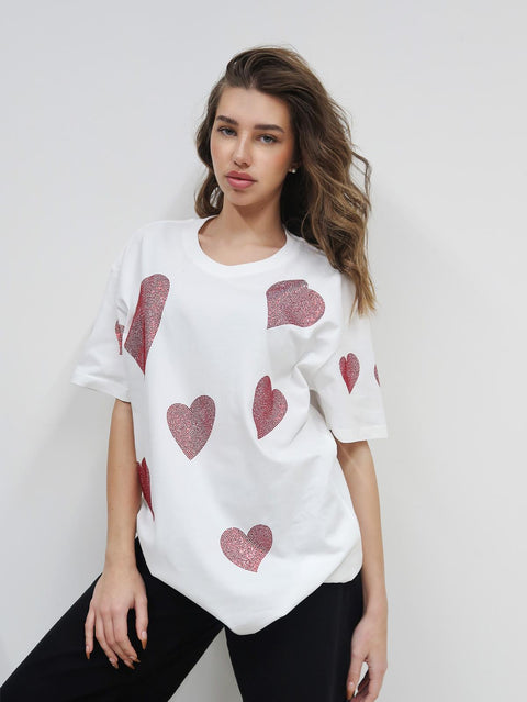 Tricou “Sweet Sparkle” cu inimi roșii glitter