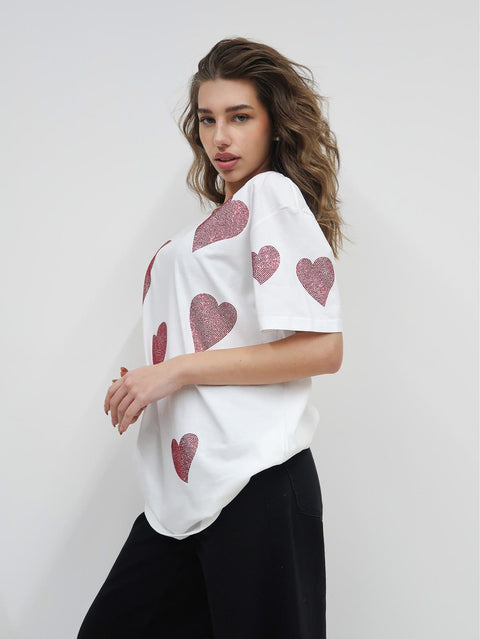 Tricou “Sweet Sparkle” cu inimi roșii glitter