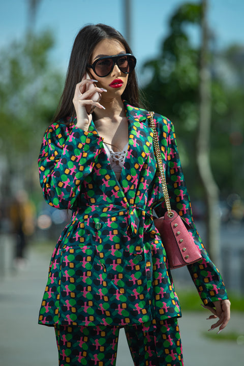 Costum Din Satin Multicolor Negru-Verde-Roz